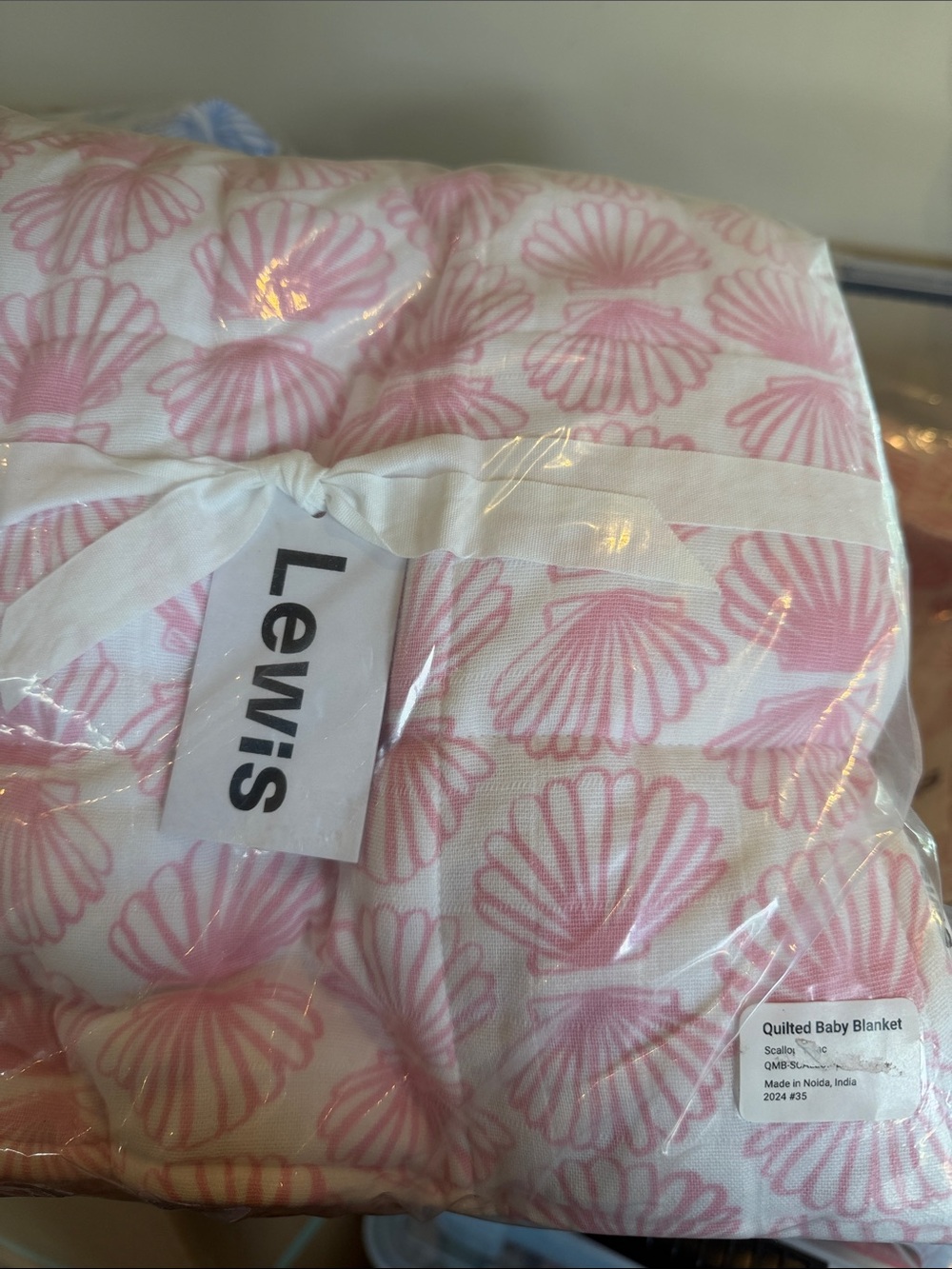 Lewis White and Pink Shell Quilted Baby Throw and baby set